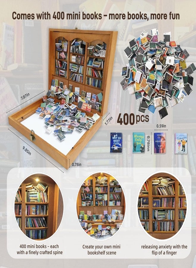 Silanit 10.2 x 9.1 x 3.1 in Anxiety Bookshelf with 400 Mini Book Pieces includes 6 Decorative Mini Lights, Miniature Bookshelf for Tiny Home, Library Decor, Book Organizer for Office Desk, Bookish Spaces - Image 2